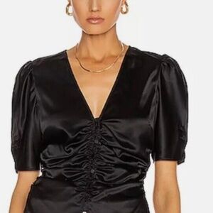 FRAME Camile X-Small black silk top, ruched details, silk covered buttons. NWT!